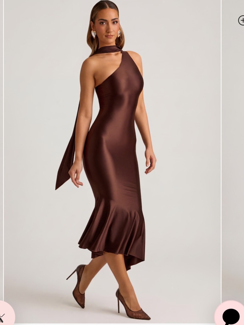 Oh Polly Shaya Asymmetric Scarf Detail Midaxi Dress US 10 NWT Chocolate Brown - Picture 3 of 13